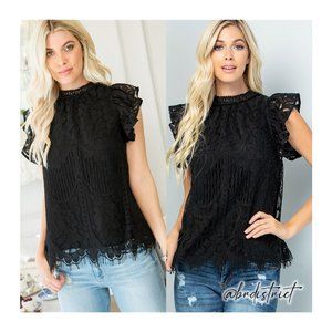Mock Neck Ruffle Cap Sleeve Lace Blouse Black L